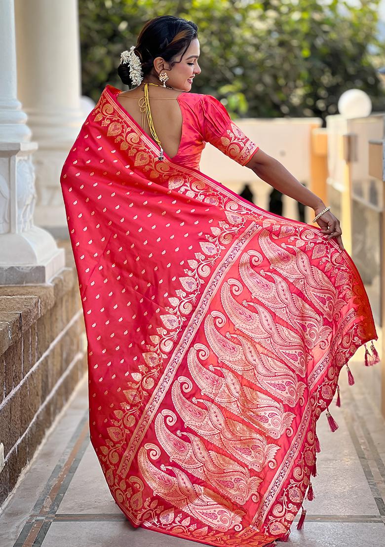 Gajri Red Embroidered Silk Saree Set
