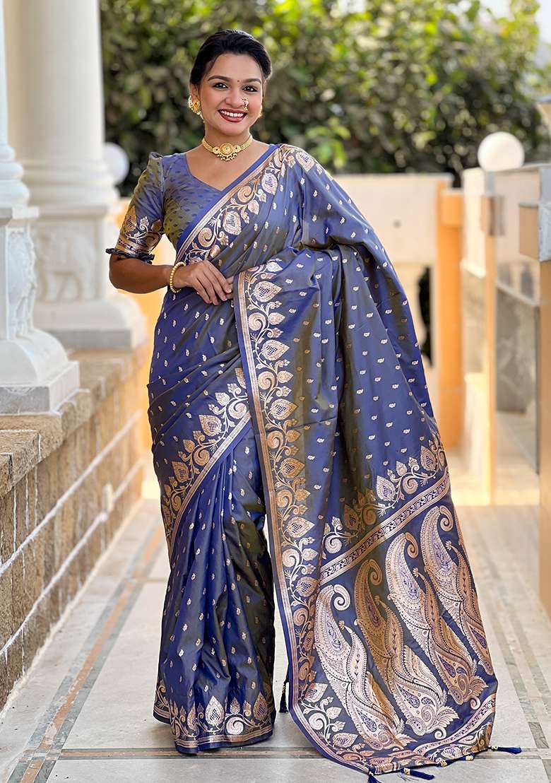 Grey Embroidered Silk Saree Set  - Indya