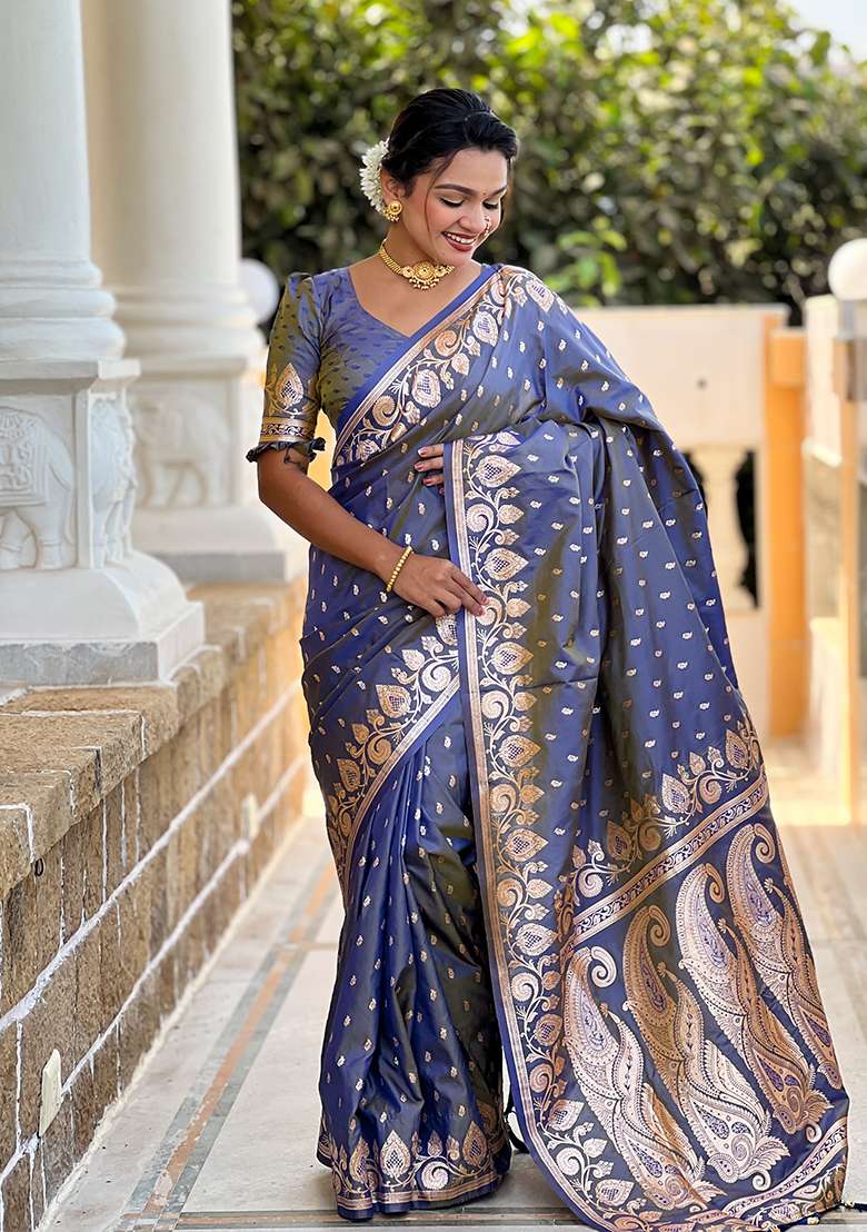 Grey Embroidered Silk Saree Set  - Indya