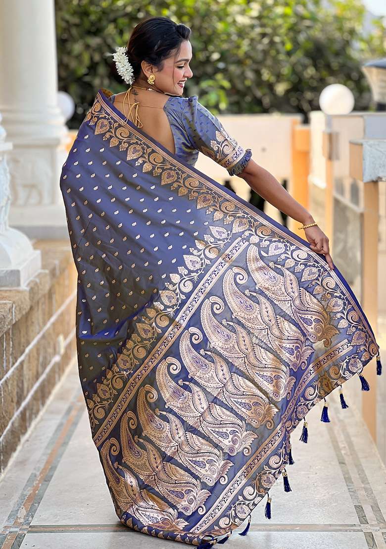 Grey Embroidered Silk Saree Set  - Indya