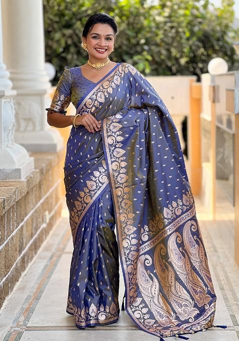 Grey Embroidered Silk Saree Set 