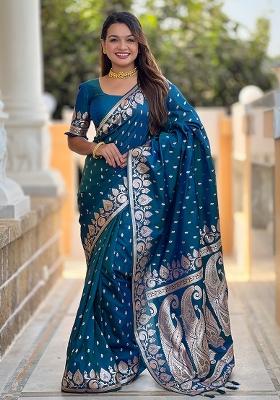 Teal Blue Embroidered Silk Saree Set