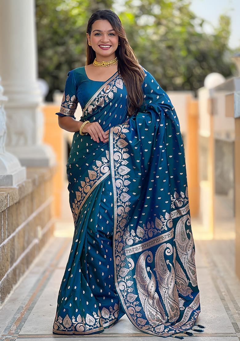 Teal Blue Embroidered Silk Saree Set