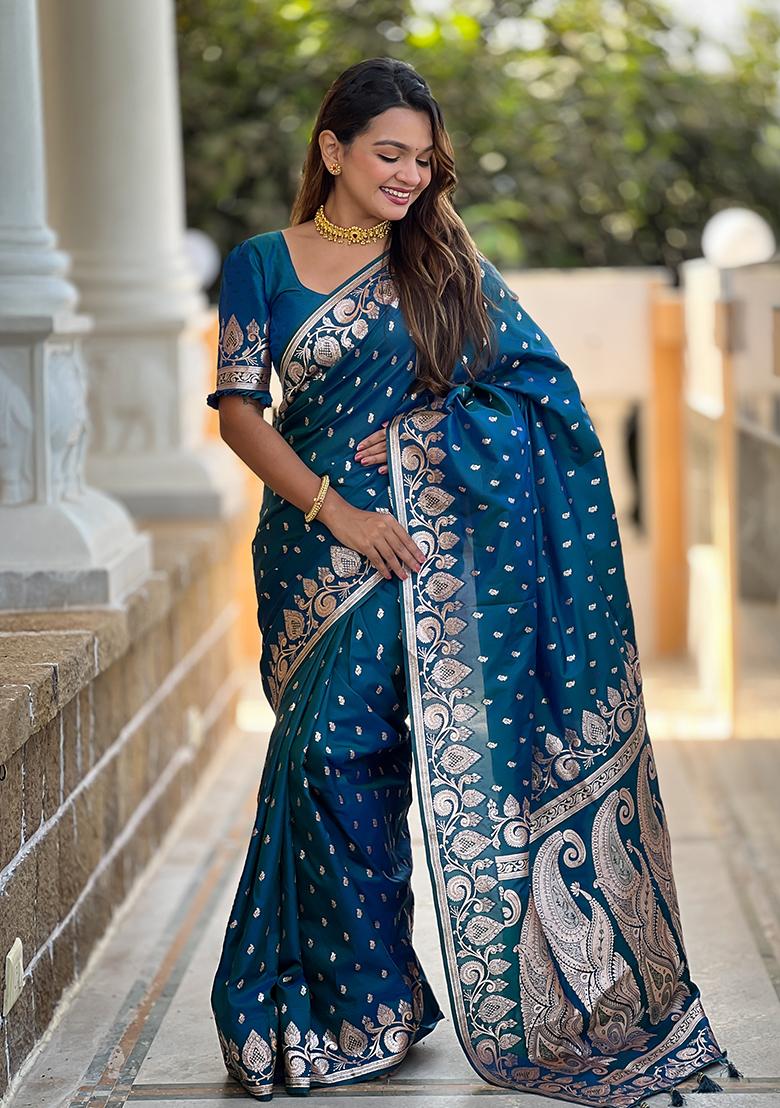 Teal Blue Embroidered Silk Saree Set