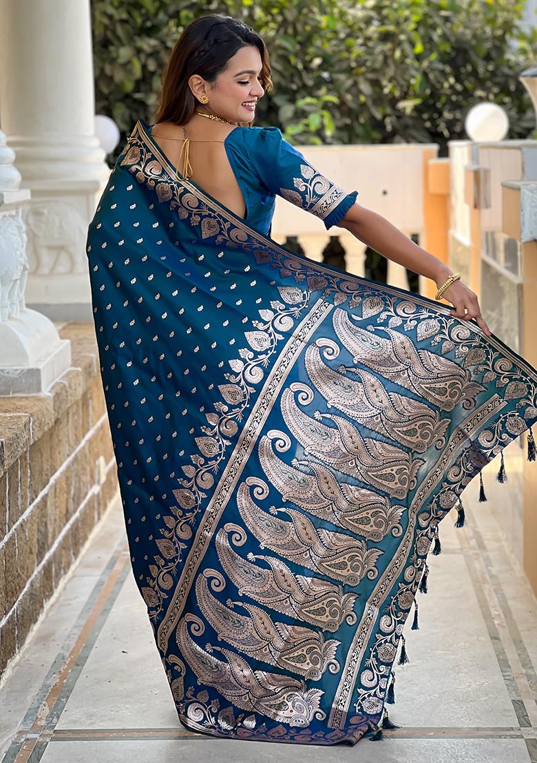 Teal Blue Embroidered Silk Saree Set