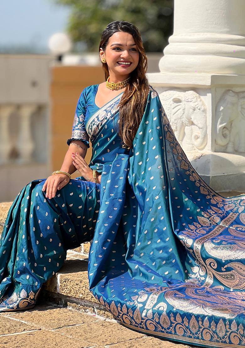 Teal Blue Embroidered Silk Saree Set