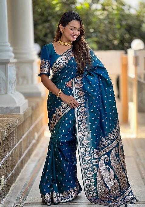 Teal Blue Embroidered Silk Saree Set