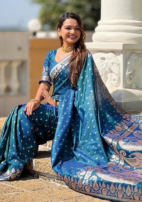 Teal Blue Embroidered Silk Saree Set