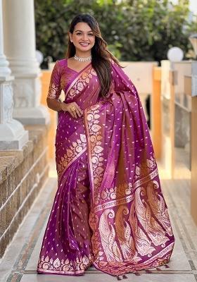 Onion Pink Embroidered Silk Saree Set