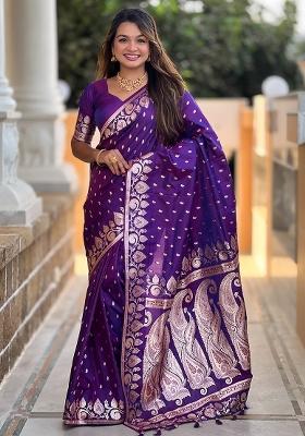 Purple Embroidered Silk Saree Set