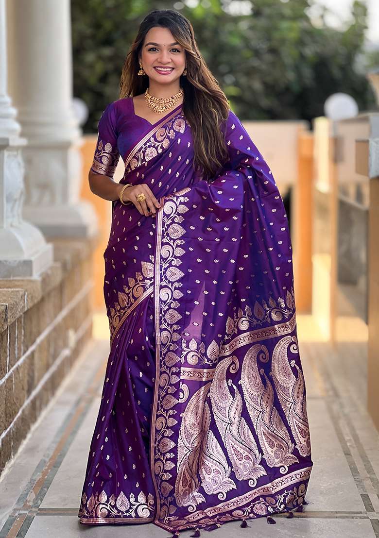 Purple Embroidered Silk Saree Set - Indya