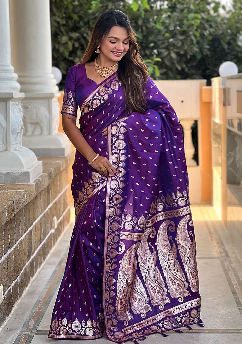 Purple Embroidered Silk Saree Set - Indya
