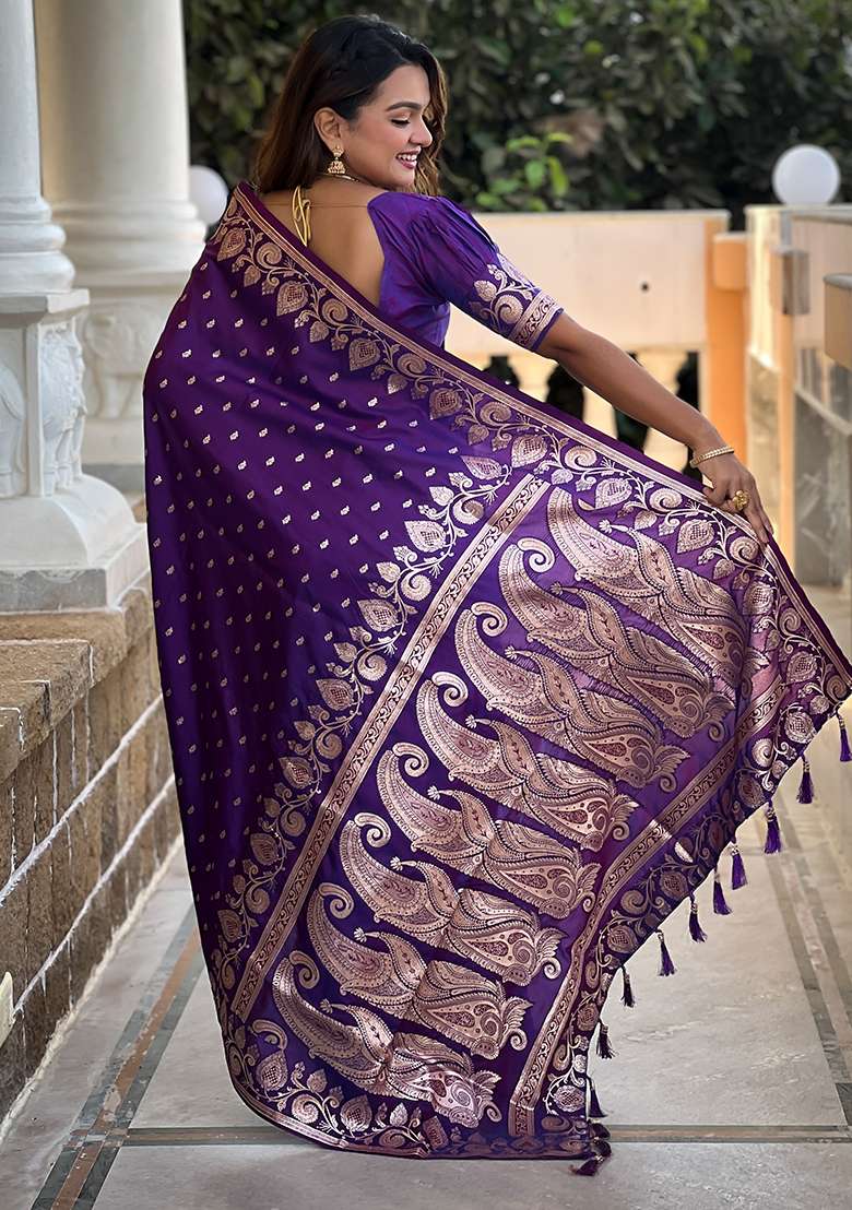Purple Embroidered Silk Saree Set - Indya