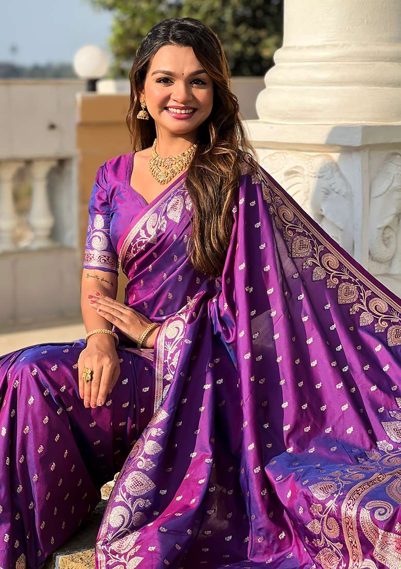 Purple Embroidered Silk Saree Set - Indya