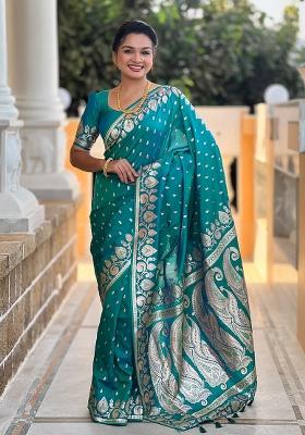 Rama Blue Embroidered Silk Saree Set