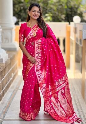 Rani Pink Embroidered Silk Saree Set