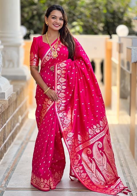 Rani Pink Embroidered Silk Saree Set