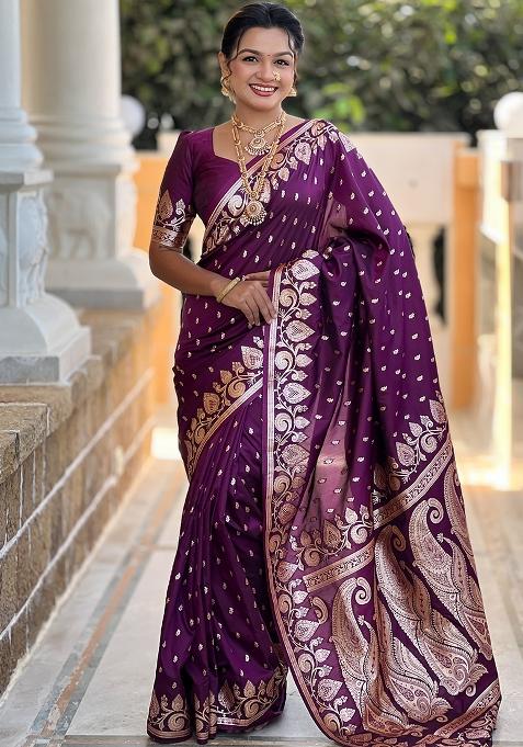 Wine Embroidered Silk Saree Set