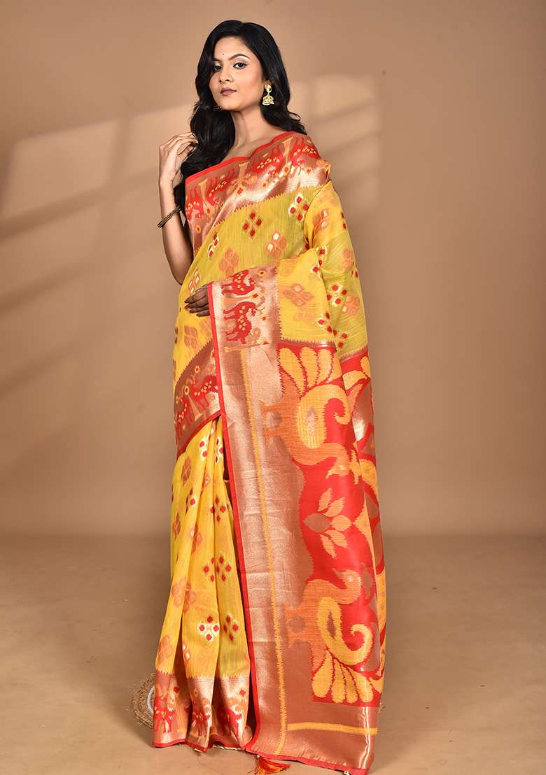 Multicolour Hot Women Desgin Two Dai Linen Saree for Diwali and Festive Wear - Indya
