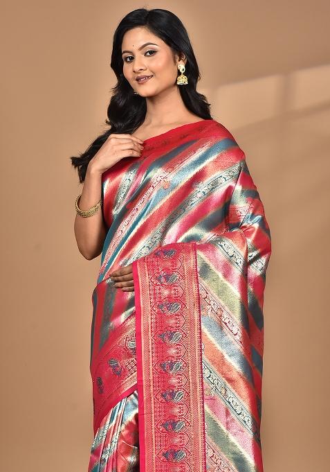 Pink Ethnic Motifs Silk Blend Dharmavaram Saree