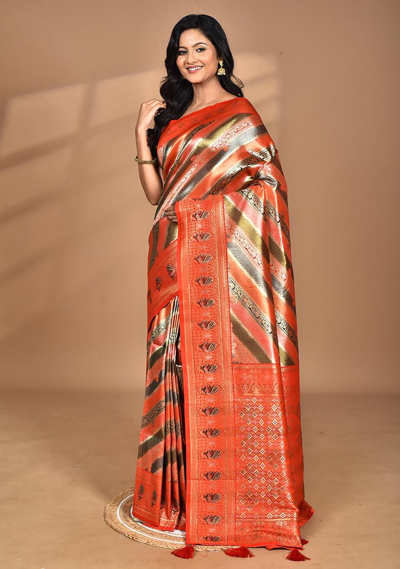 Orange Ethnic Motifs Silk Blend Dharmavaram Saree