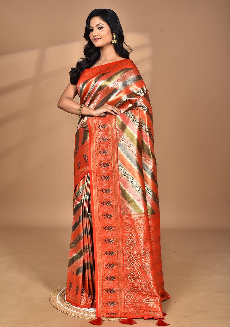 Orange Ethnic Motifs Silk Blend Dharmavaram Saree