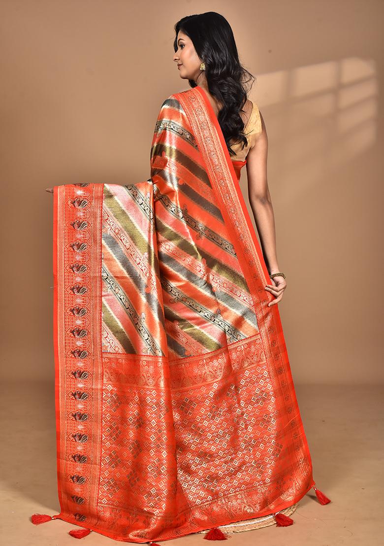 Orange Ethnic Motifs Silk Blend Dharmavaram Saree