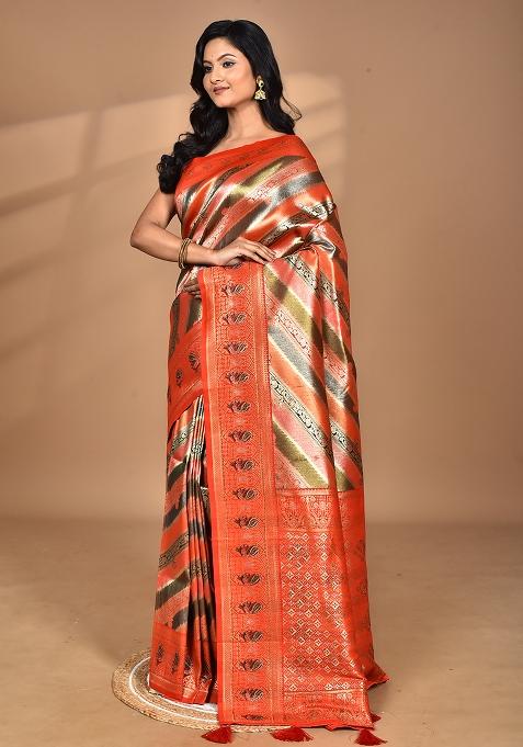 Orange Ethnic Motifs Silk Blend Dharmavaram Saree