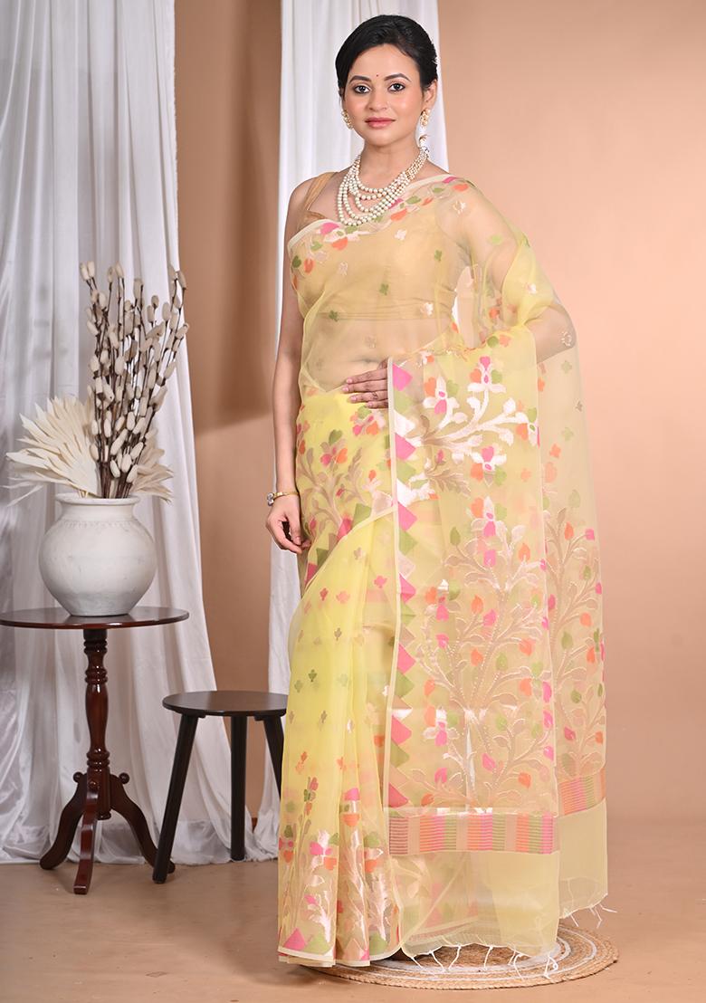 Light Yellow Heavy Jamdani Silk Orzanga Saree
