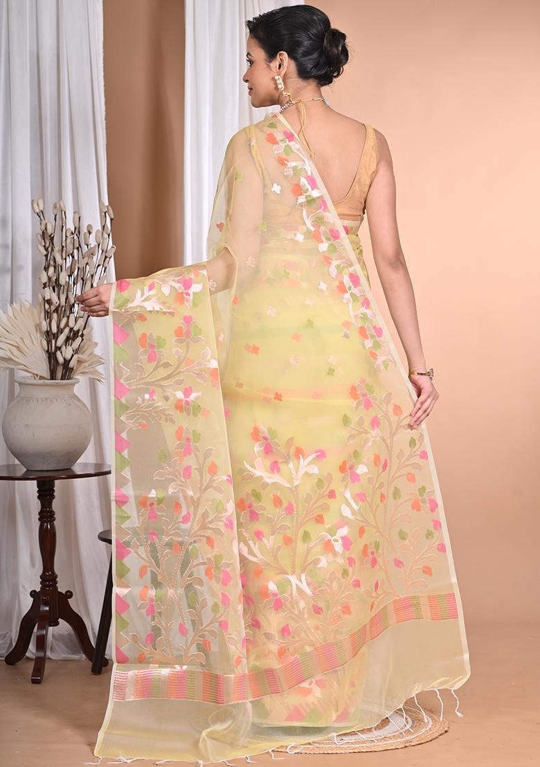 Light Yellow Heavy Jamdani Silk Orzanga Saree