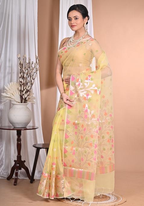 Light Yellow Heavy Jamdani Silk Orzanga Saree
