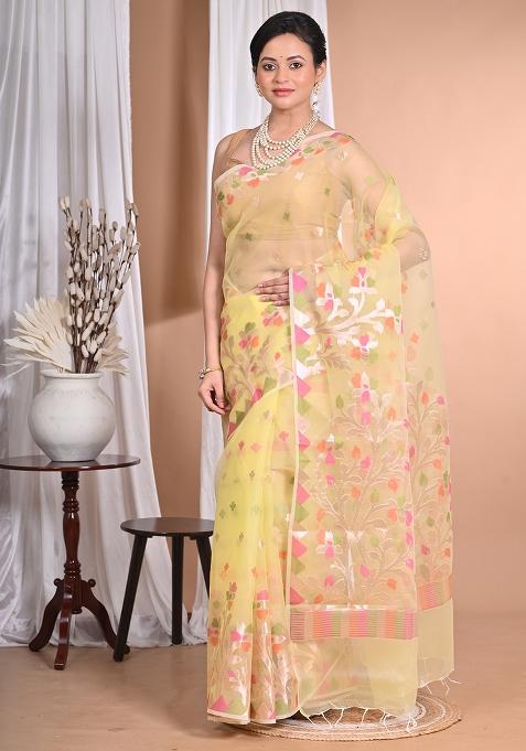 Light Yellow Heavy Jamdani Silk Orzanga Saree