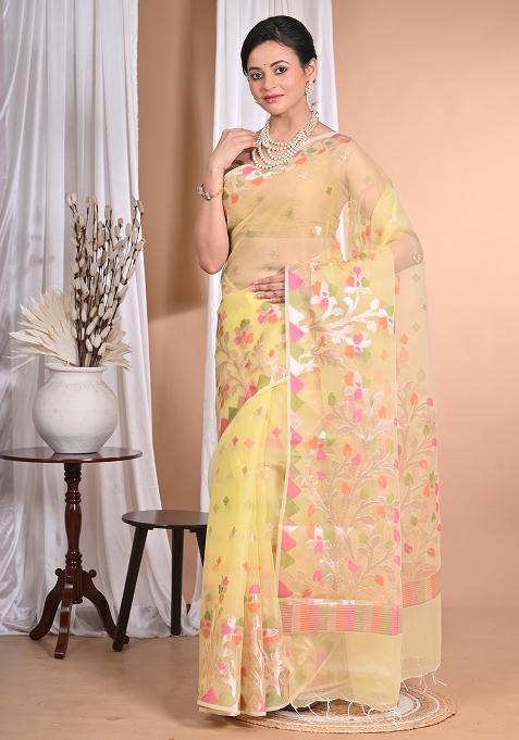 Light Yellow Heavy Jamdani Silk Orzanga Saree