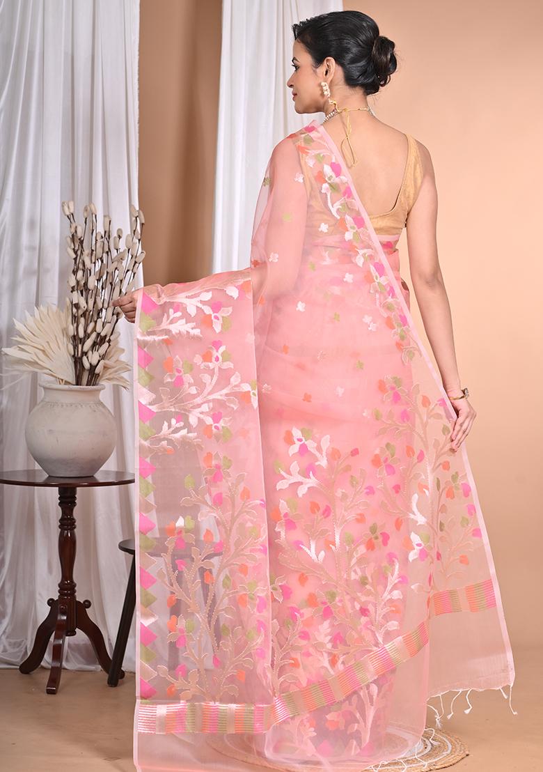 Light Pink Heavy Jamdani Silk Orzanga Saree - Indya