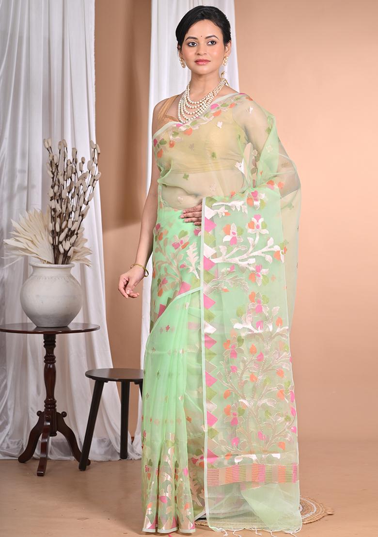 Light Green Heavy Jamdani Silk Orzanga Saree