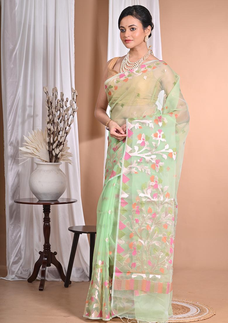 Light Green Heavy Jamdani Silk Orzanga Saree