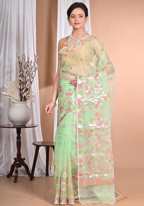 Light Green Heavy Jamdani Silk Orzanga Saree