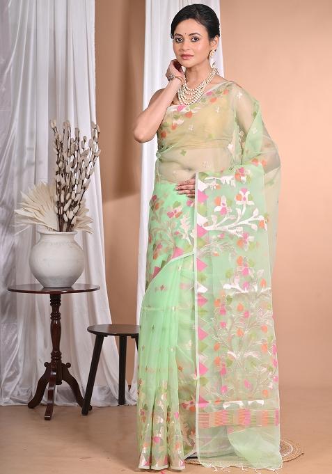 Light Green Heavy Jamdani Silk Orzanga Saree