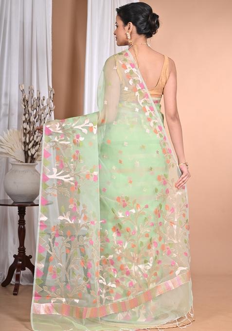 Light Green Heavy Jamdani Silk Orzanga Saree