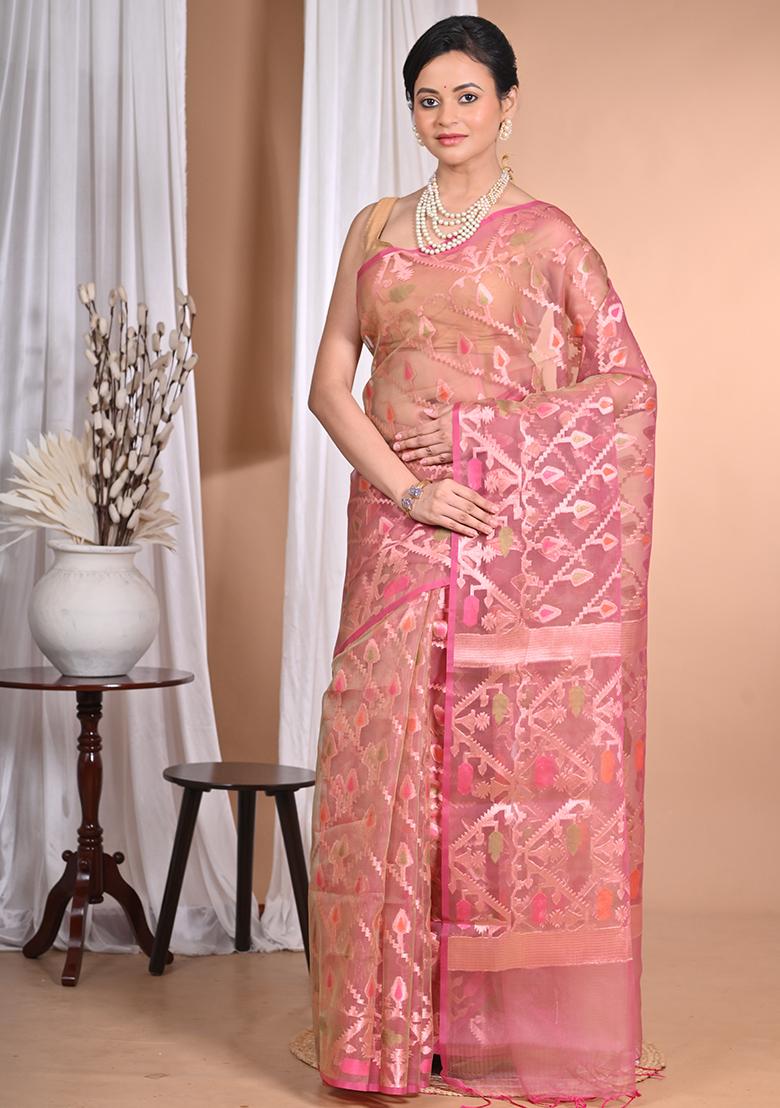 Peach Heavy Jamdani Silk Orzanga Saree