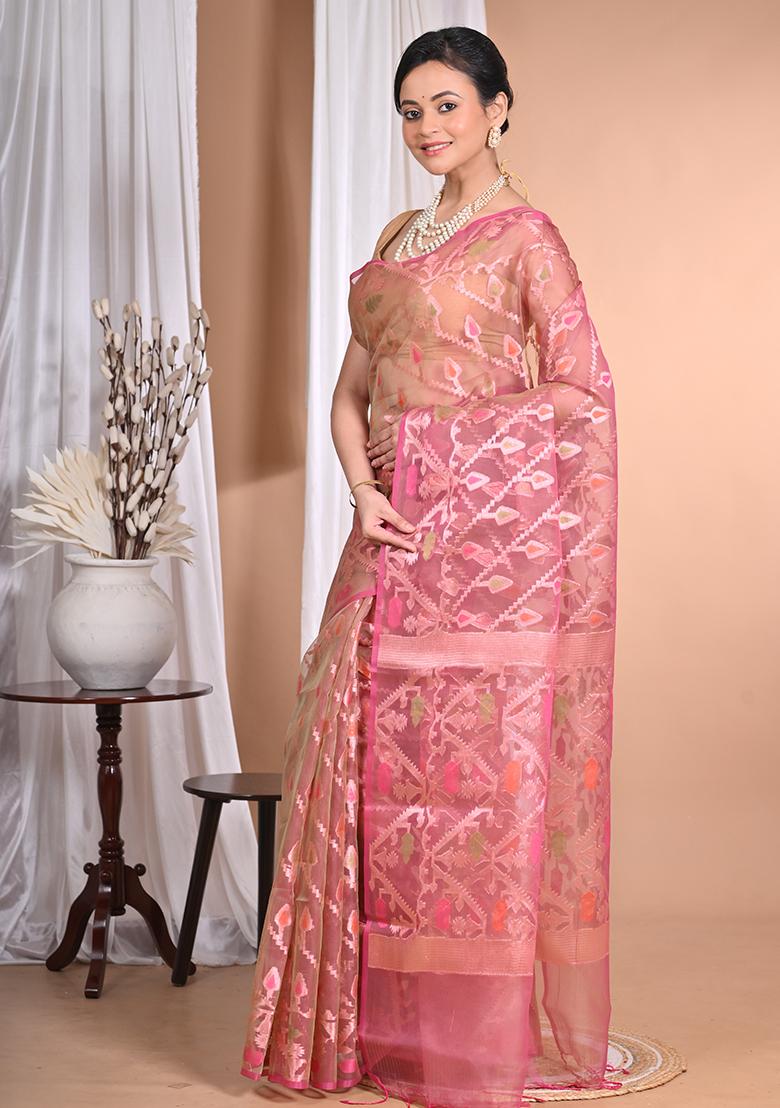 Peach Heavy Jamdani Silk Orzanga Saree