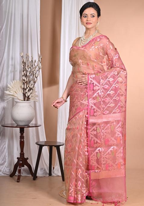 Peach Heavy Jamdani Silk Orzanga Saree