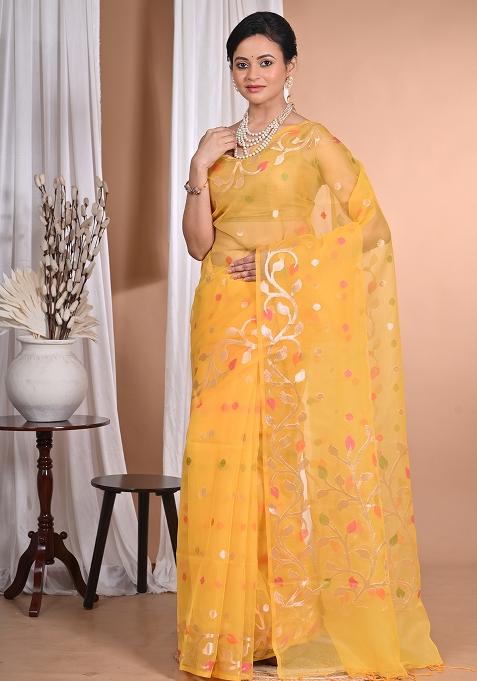 Yellow Heavy Jamdani Silk Orzanga Saree