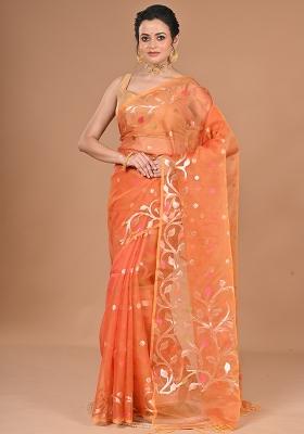 Orange Heavy Jamdani Silk Orzanga Saree