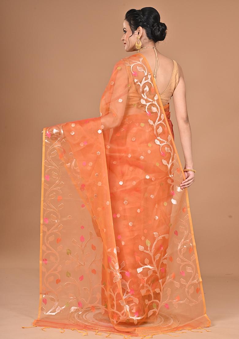 Orange Heavy Jamdani Silk Orzanga Saree - Indya