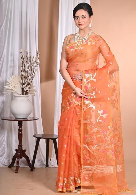 Orange Heavy Jamdani Silk Orzanga Saree