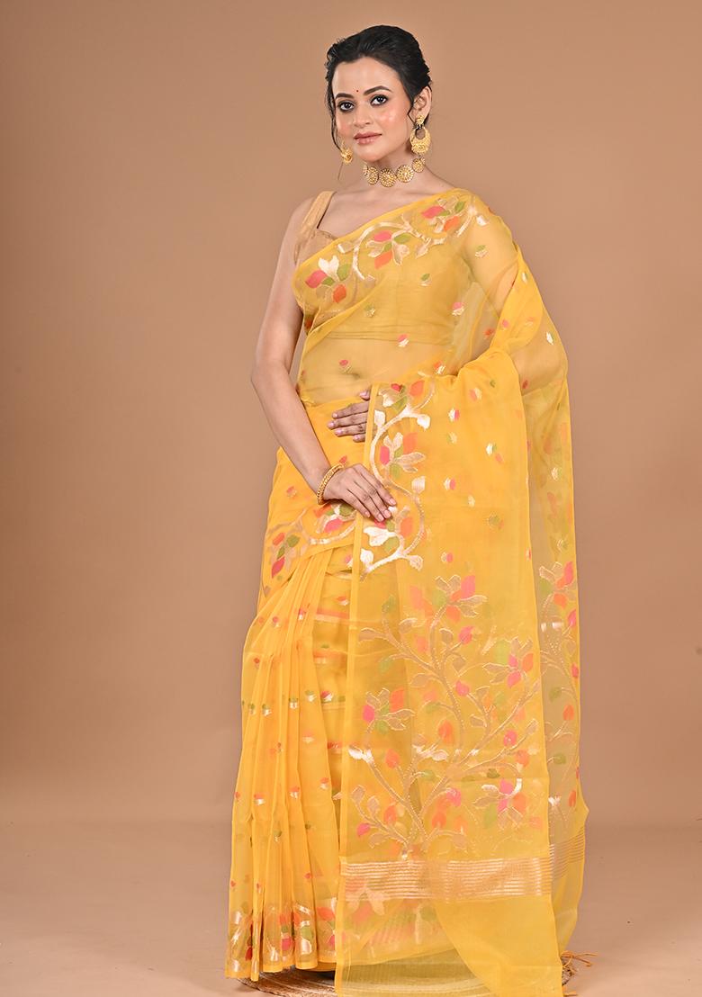 Yellow Heavy Jamdani Silk Orzanga Saree