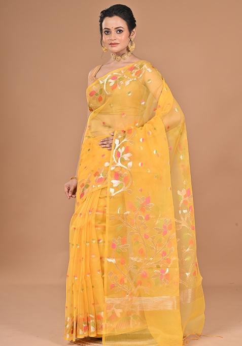 Yellow Heavy Jamdani Silk Orzanga Saree
