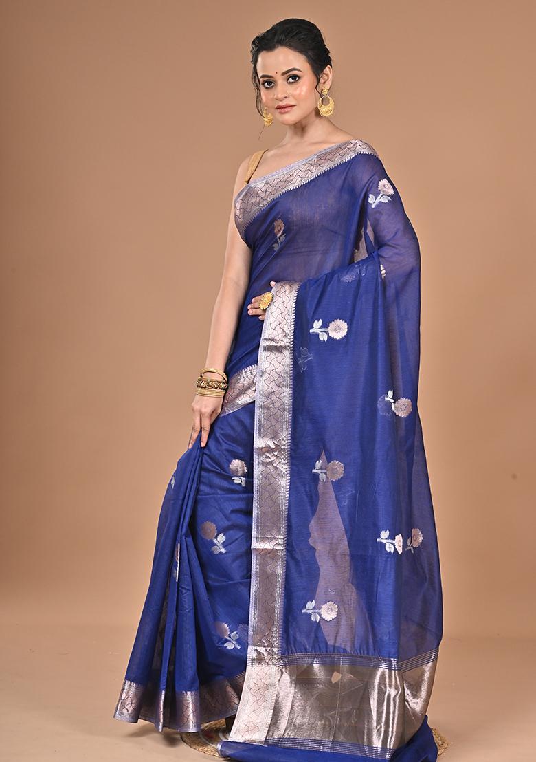 Navy Blue Heavy Chanderi Silk Saree - Indya