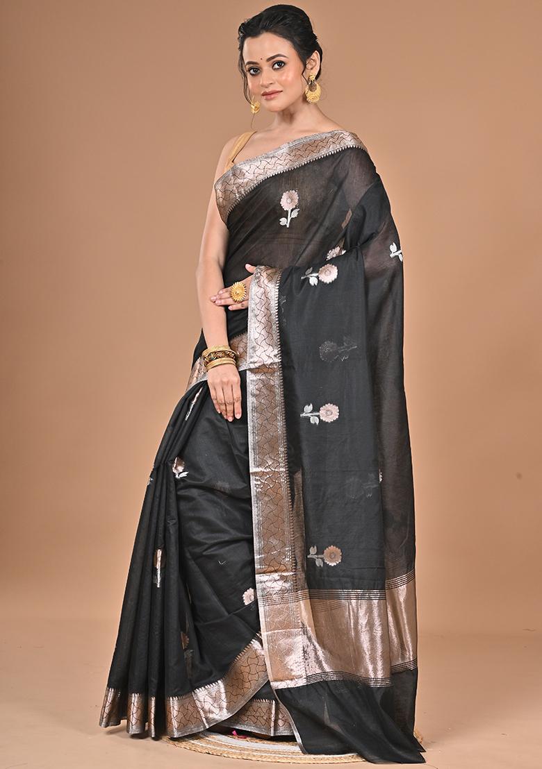 Black Heavy Chanderi Silk Saree - Indya